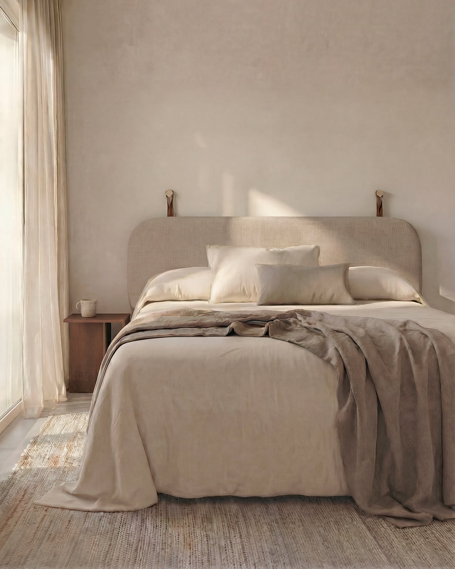 Cabecero Auba de lino camel con colgadores para cama de 150/160 cm