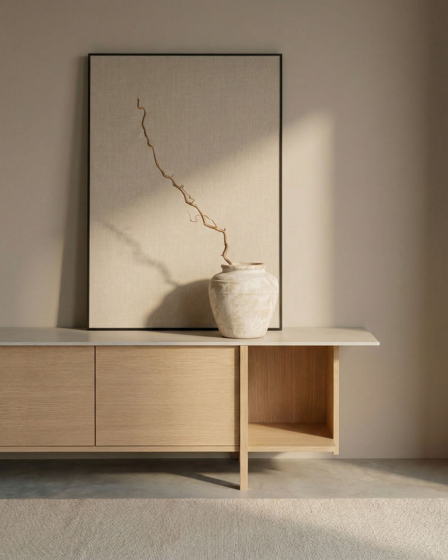 Mueble de TV Kai de roble nude y sobre de porcelánico Duna 190 x 43,5 cm