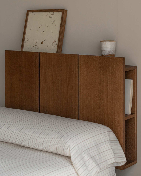 Cabecero Cova con almacenaje de roble moka, con módulos, para cama de 90 cm