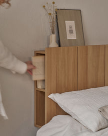 Cabecero Cova con almacenaje de roble natural, con módulos, para cama de 150/160 cm