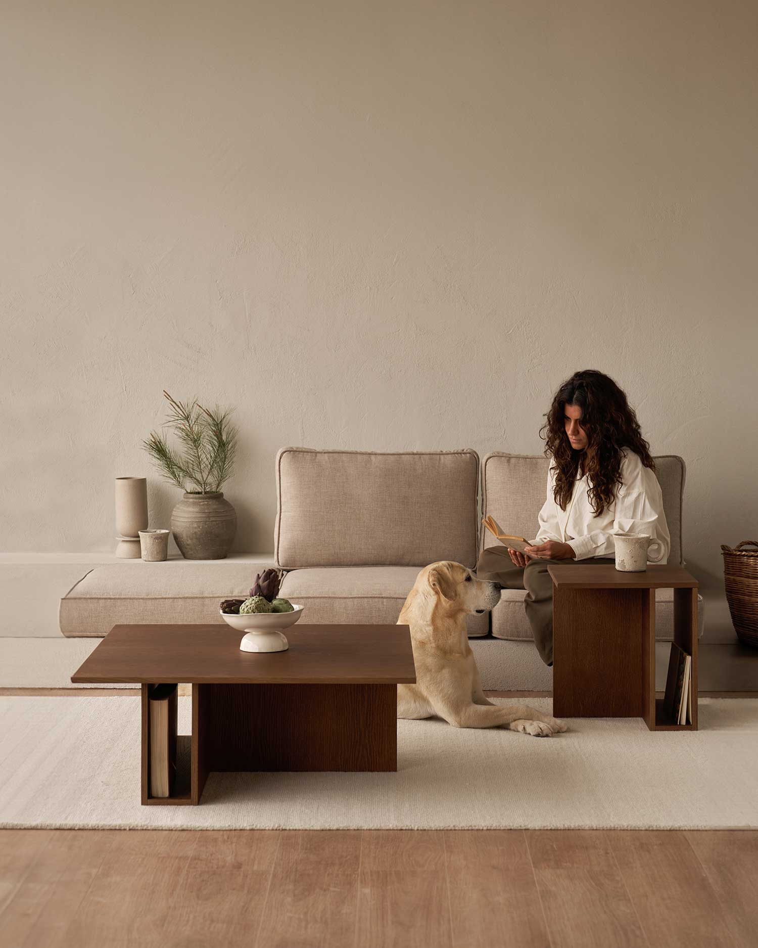 Conjunto de mesa de centro y mesa auxiliar Cova roble moka