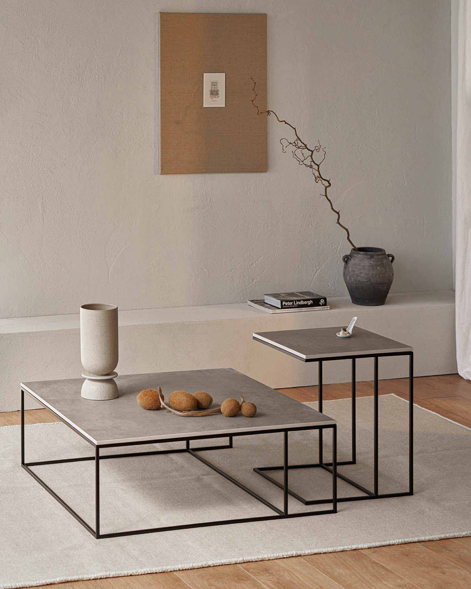 Conjunto de mesa de centro y mesa auxiliar Petra porcelánico Cemento